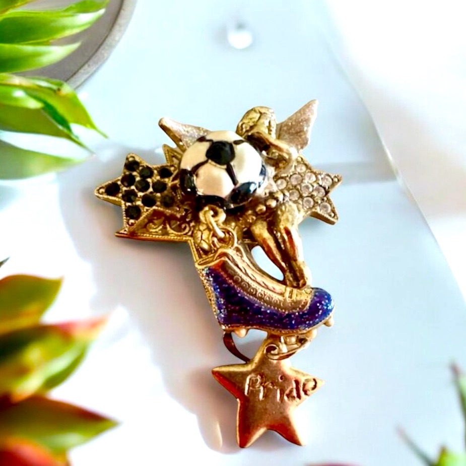 Vintage Kirks Folly Brooch Pin Crystal & Enamel Soccer Mom Angel Gold Tone